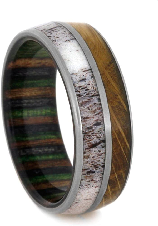 Deer Antler, Whiskey Barrel Oak Wood, Matte Titanium 8mm Comfort-Fit Dymondwood Band, Size 12.75