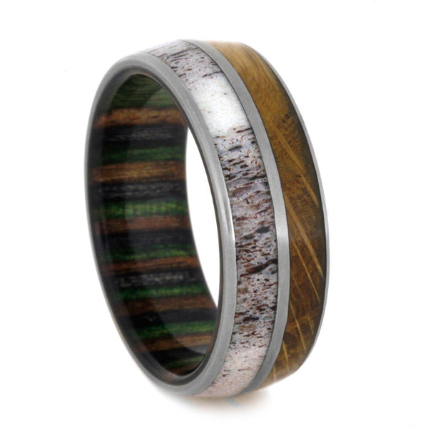 Deer Antler, Whiskey Barrel Oak Wood, Matte Titanium 8mm Comfort-Fit Dymondwood Band