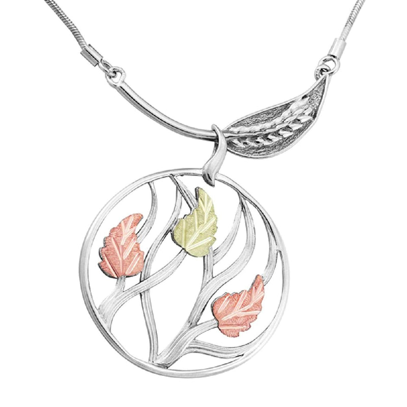 Circle Two-Tone Leaf Pendant Necklace, Sterling Silver, 12k Green and Rose Gold Black Hills Gold Motif, 18"