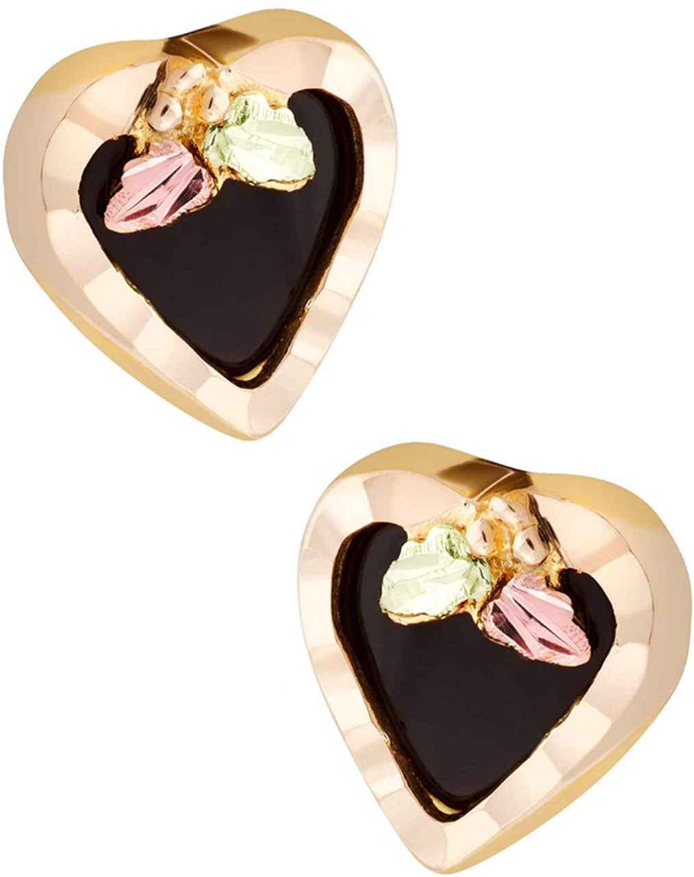 Diamond-Cut Heart Onyx Earrings, 10k Yellow Gold, 12k Green and Rose Gold Black Hills Gold Motif