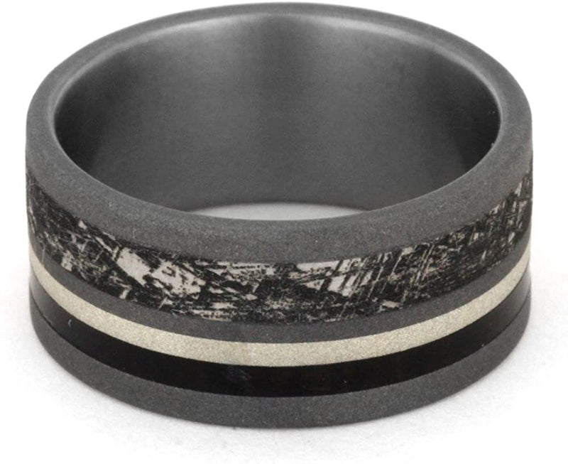 Mimetic Meteorite, African Blackwood, Sterling Silver Stripe 9mm Comfort-Fit Sandblasted Titanium Band, Size 15