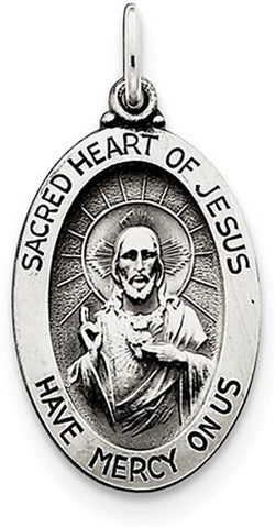Sterling Silver Antiqued Sacred Heart of Jesus Medal (26X14MM)