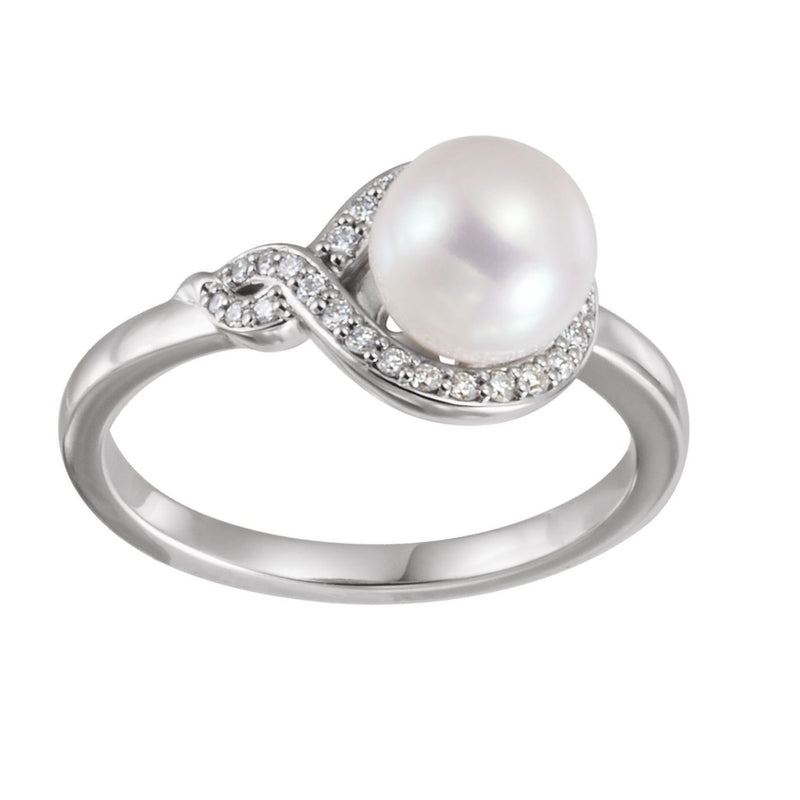 White Freshwater Cultured Pearl, Diamond Bypass Ring, 14k White Gold (7-7.5mm)(.125Ctw, GH Color, I1 Clarity)