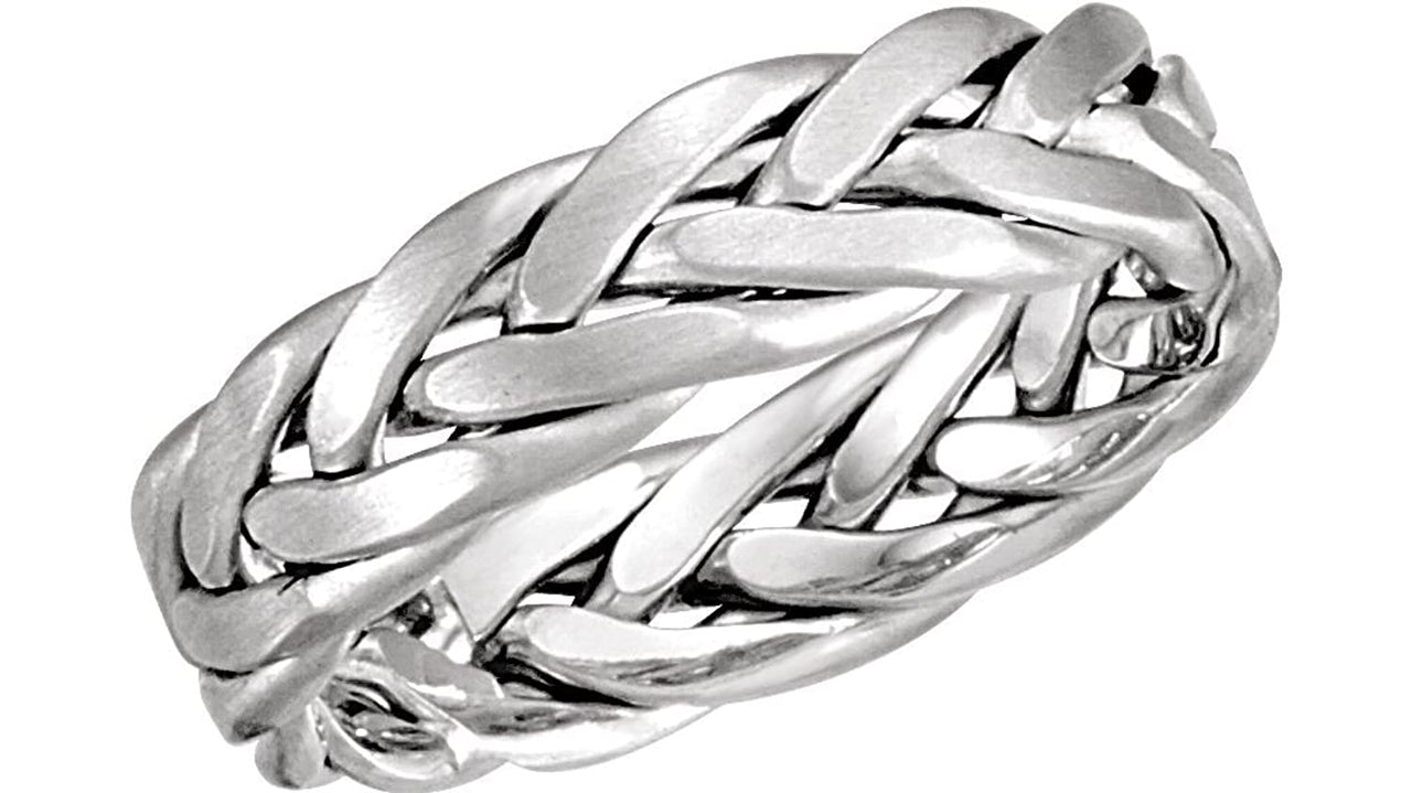 Hand-Braided 6.5mm Comfort Fit 14k White Gold Band, Size 8