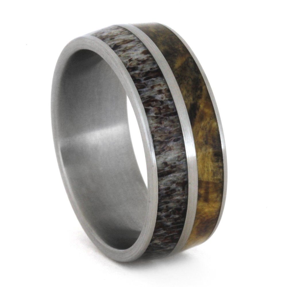 Deer Antler, Buckeye Burl Wood 8mm Comfort-Fit Brushed Titanium Band