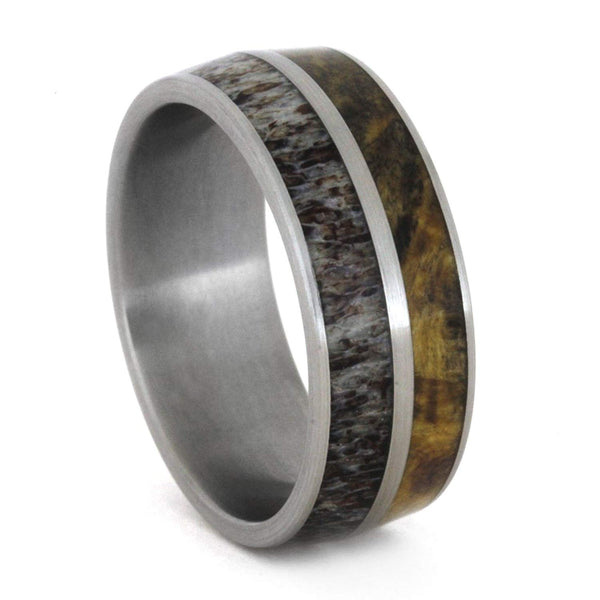 Deer Antler, Buckeye Burl Wood 8.5mm Comfort-Fit Brushed Titanium Band, Size 8.5