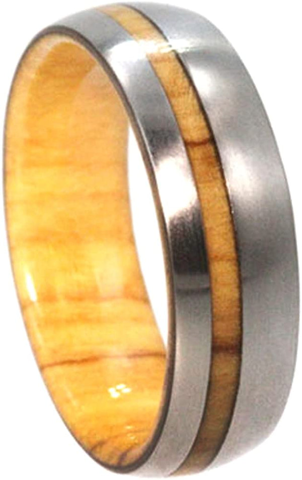 Titanium with Olive Wood Pinstripe 8mm Comfort Fit Olive Wood Wedding Band, Size 4.25