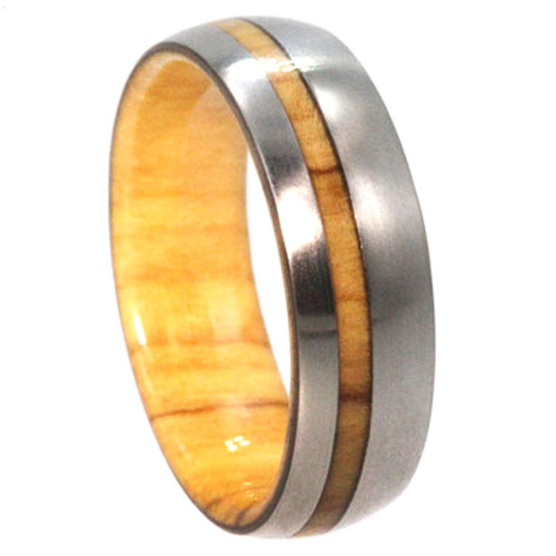 The Men's Jewelry Store (Unisex Jewelry) Titanium with Olive Wood Pinstripe 8mm Comfort Fit Olive Wood Wedding Band