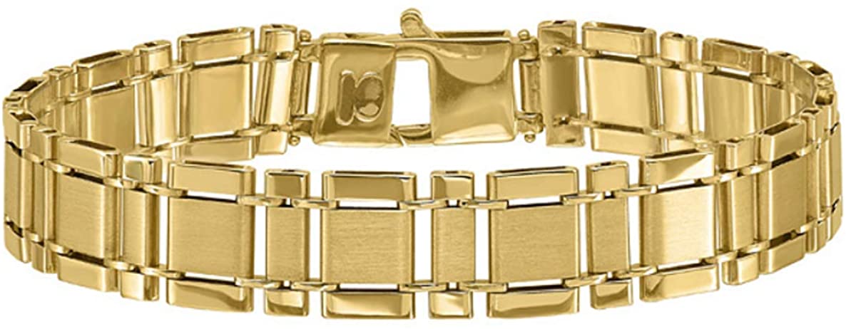 Men's Italian 13mm Brushed and Polished 14k Yellow Gold Rectangle Link Bracelet, 8.5 Inches