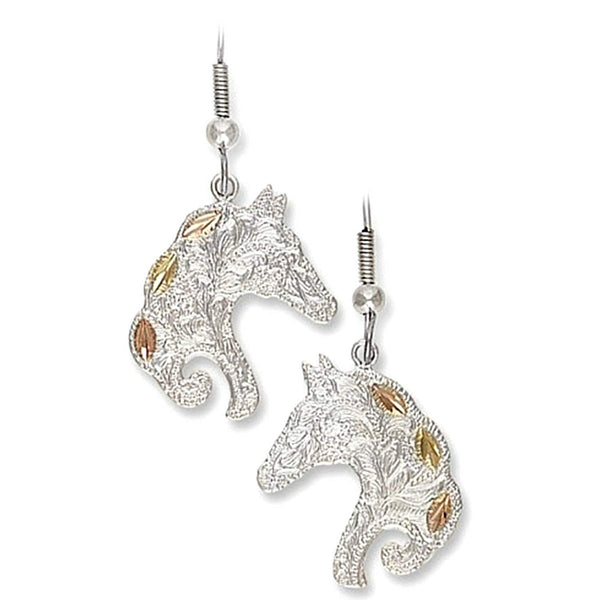 Horse head Fish Hook Earrings, Sterling Silver, 12k Green and Rose Gold Black Hills Gold Motif