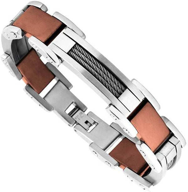 Men's Chocolate Plated with Grey Wire Trim Link Bracelet, Stainless Steel, 8.5"