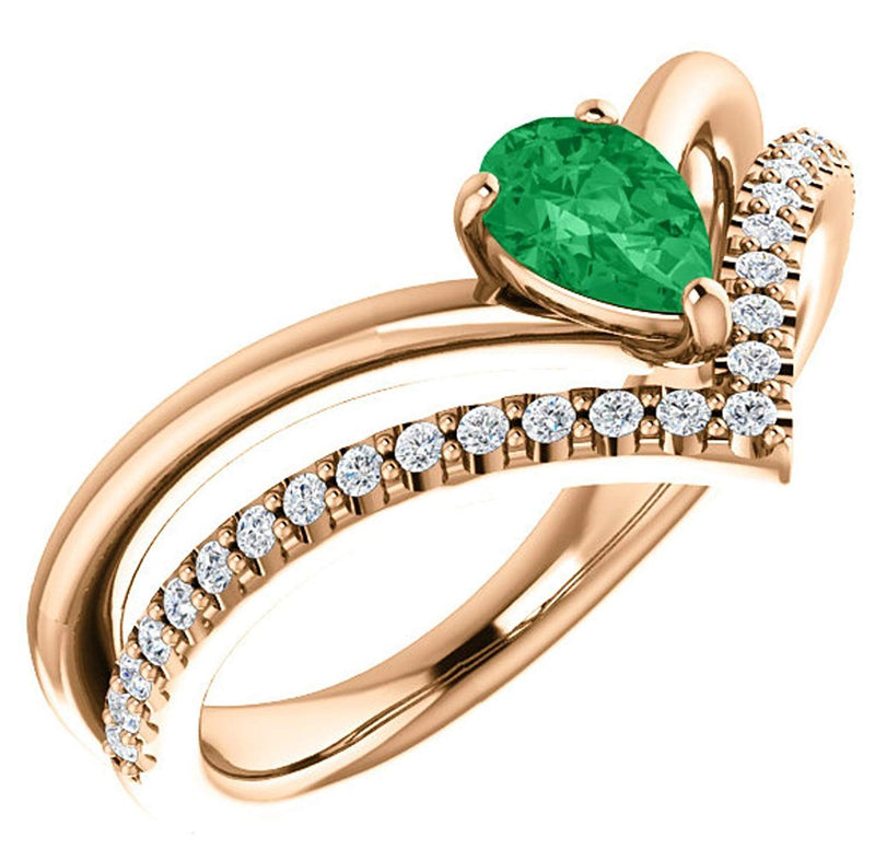 Emerald Pear and Diamond Chevron 14k Rose Gold Ring (.145 Ctw, G-H Color, I1 Clarity)