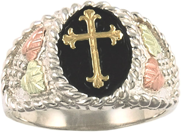 Men's Cross Ring, Sterling Silver, 10k Yellow Gold, 12k Green and Rose Gold Black Hills Gold Motif, Size 8.75