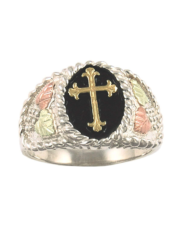 Men's Cross Ring, Sterling Silver, 10k Yellow Gold, 12k Green and Rose Gold Black Hills Gold Motif