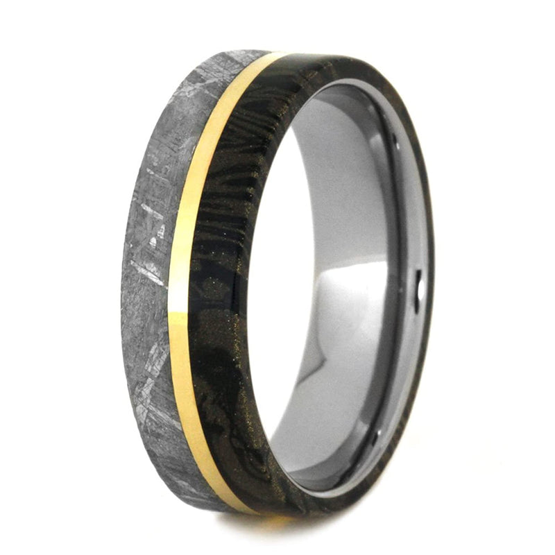 Gibeon Meteorite, Black and Yellow Mokume, 14k Yellow Gold 7mm Comfort-Fit Titanium Band, Size 10.75