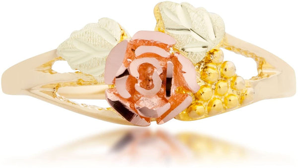 Rose and Grape Cluster Ring, 10k Yellow Gold, 12k Pink and Green Gold Black Hills Gold Motif, Size 8.75