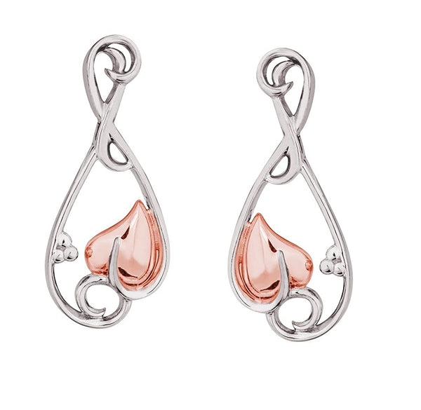 Victorian-Style Heart Earrings, Rhodium Plated Sterling Silver, 10k Rose Gold