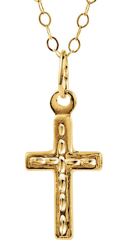 Childrens 14k Yellow Gold Cross with Bead Edging Necklace, 15"