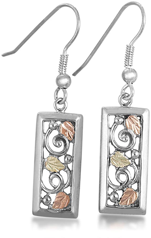 Rectangular Fish Hook Earrings, Sterling Silver, 12k Green and Rose Gold Black Hills Gold Motif