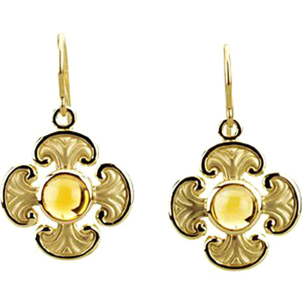 Citrine Cabochon Cross Earrings, 14k Yellow Gold