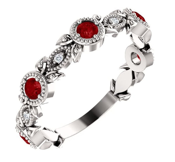 Platinum Ruby and Diamond Vintage-Style Ring (0.03 Ctw, G-H Color, SI1-SI2 Clarity)