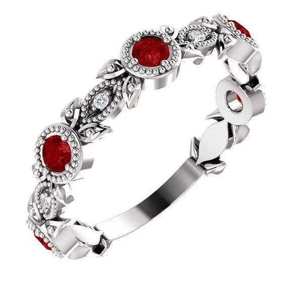 Ruby and Diamond Vintage-Style Ring, Rhodium-Plated 14k White Gold, Size 7.5