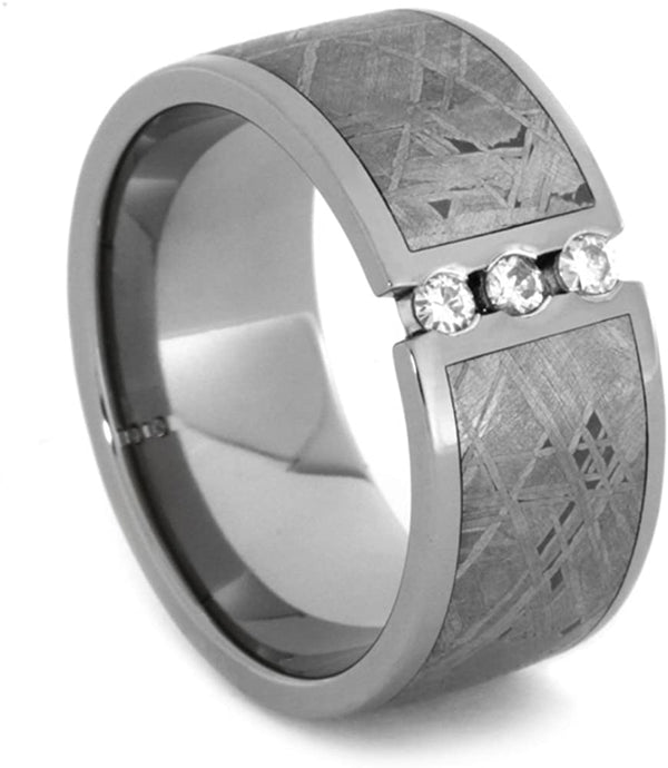 Titanium, Gibeon Meteorite, 3 Stone Forever One Created Moissanite 11 MM Comfort-Fit Tuxedo Band, Size 12.25
