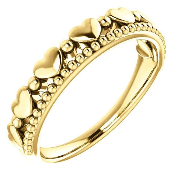 Stackable Beaded Heart Comfort-Fit Ring, 14k Yellow Gold