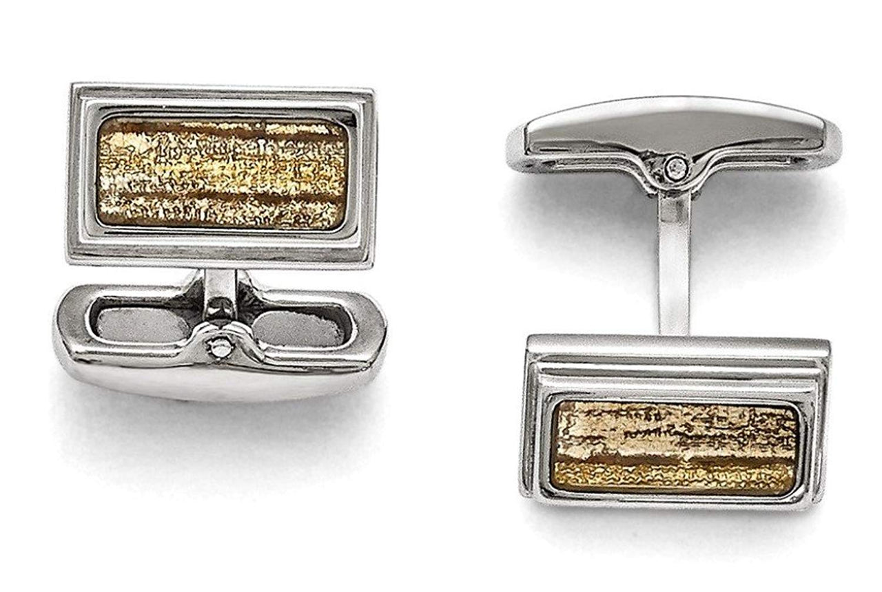 Stainless Steel Polished Cream and Black Enameled Rectangle Cuff Links