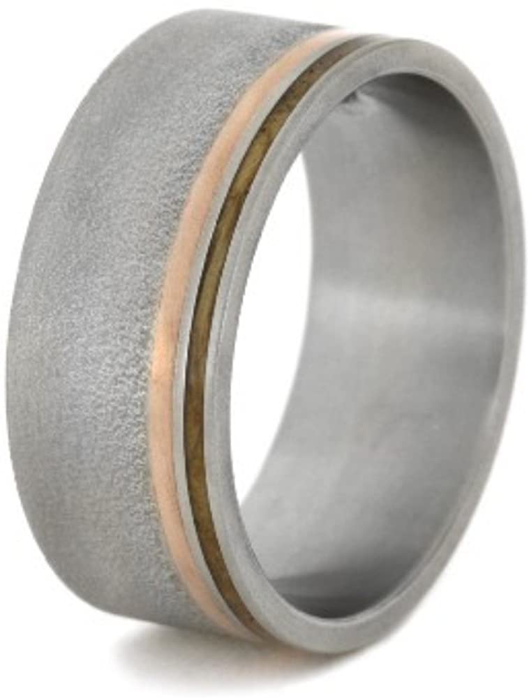 Flush Set Diamond, Whiskey Barrel Wood and Copper 10mm Comfort-Fit Frosted Titanium Wedding Band, Size 4