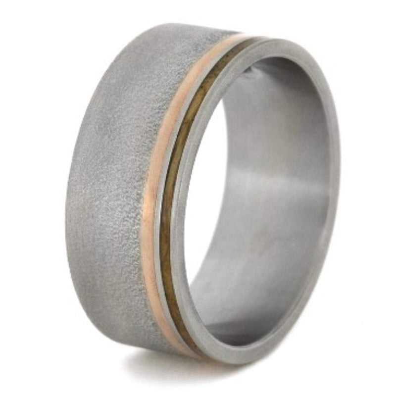 Flush Set Diamond, Whiskey Barrel Wood and Copper 10mm Comfort-Fit Frosted Titanium Wedding Band