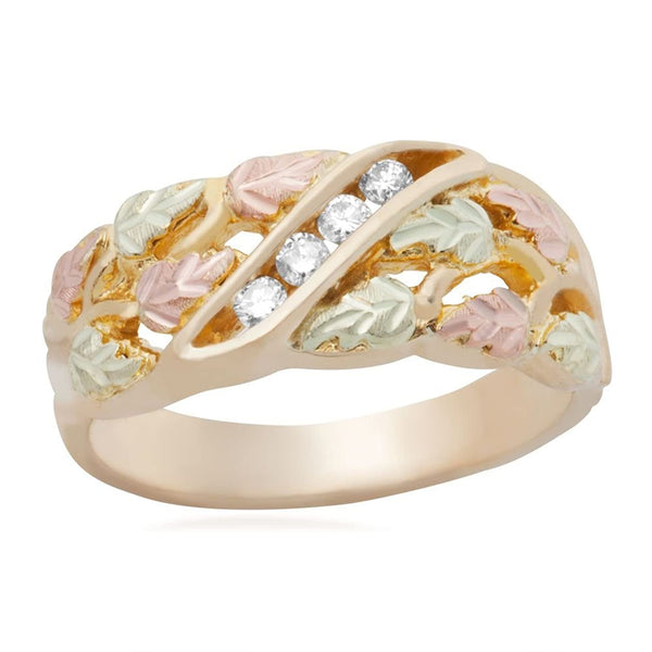 Women's 4-Stone Diamond Wedding Band, 10k Yellow Gold, 12k Pink and Green Gold Black Hills Gold Motif (.125 Ctw)