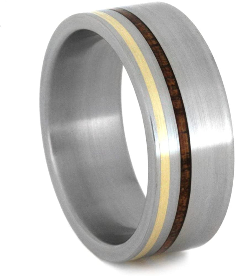 Ancient Kauri Wood, 14k Yellow Gold 8mm Comfort-Fit Brushed Titanium Band, Size 14.5
