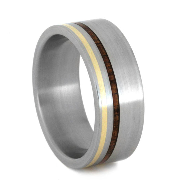 Ancient Kauri Wood, 14k Yellow Gold 8mm Comfort-Fit Brushed Titanium Band