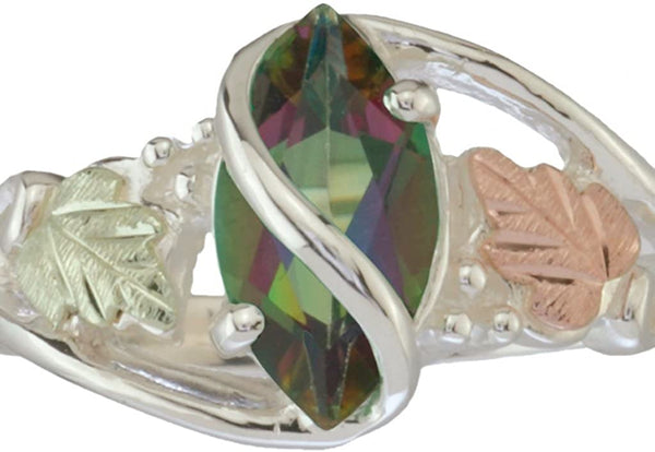 Mystic Fire Topaz Marquise Wrap Ring, Sterling Silver, 12k Green and Rose Gold Black Hills Gold Motif, Size 9.25
