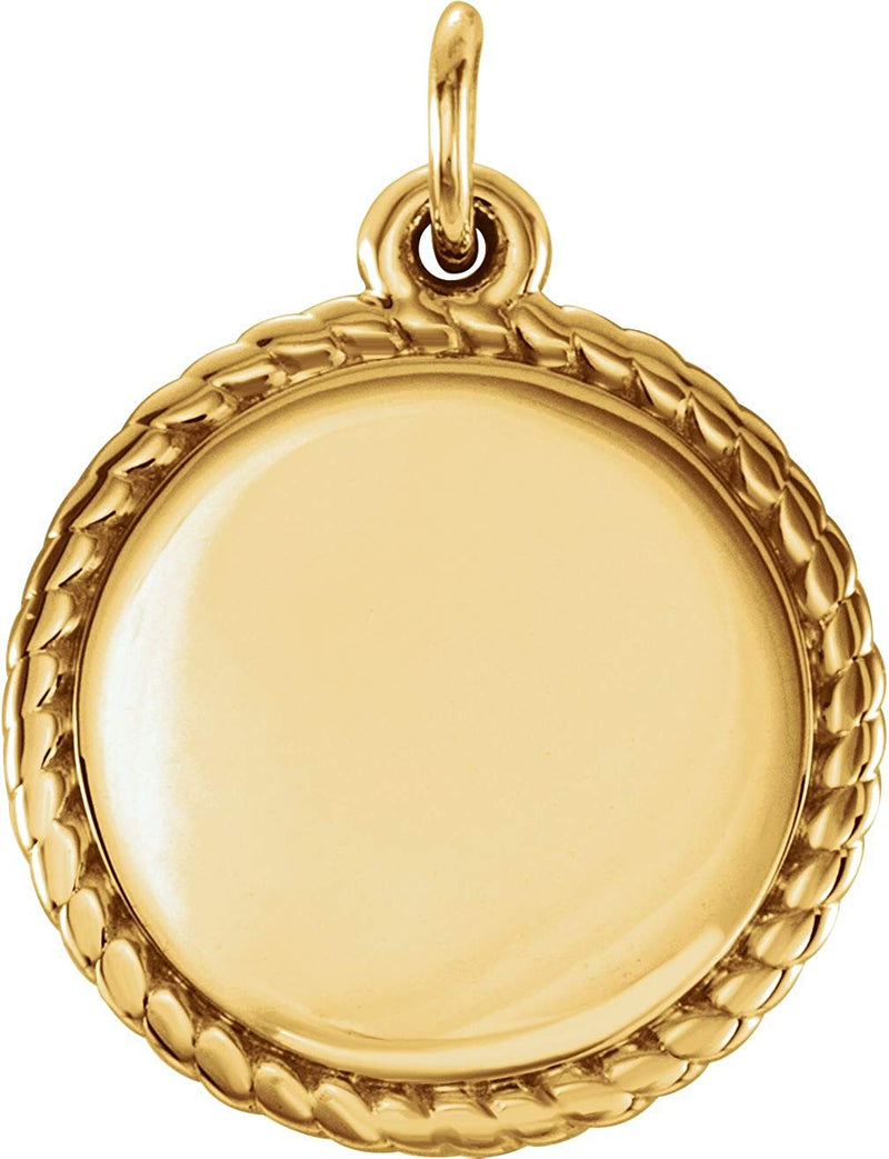 Engrave-able Round Rope Trimmed Pendant, 14k Yellow Gold