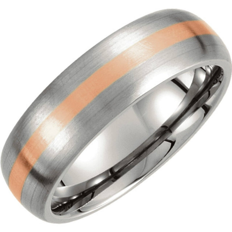 Titanium and 14k Rose Gold 7mmSatin Finished Dome Comfort Fit Band, Size 10