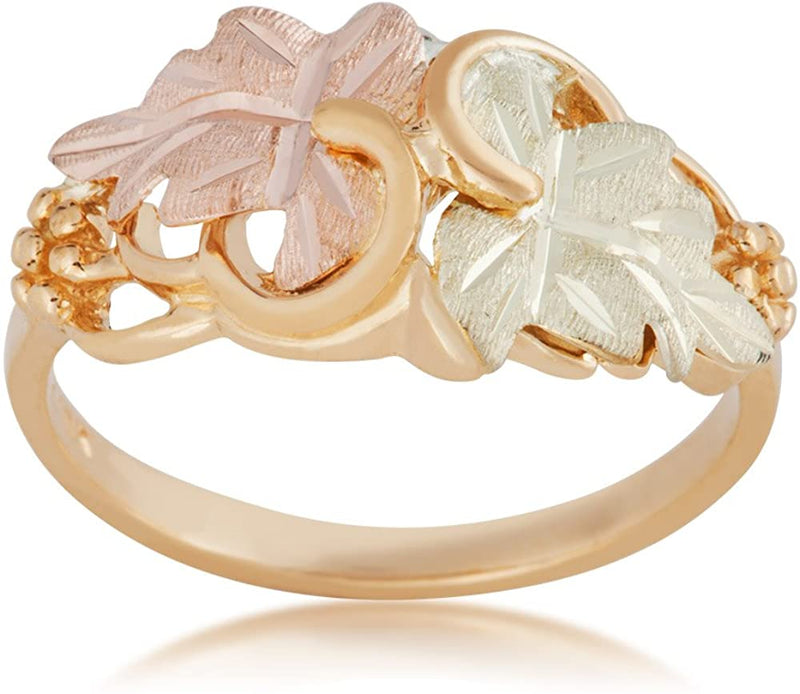 Two-Tone Leaf Ring, 10k Yellow Gold, 12k Green and Rose Gold Black Hills Gold Motif, Size 5.5
