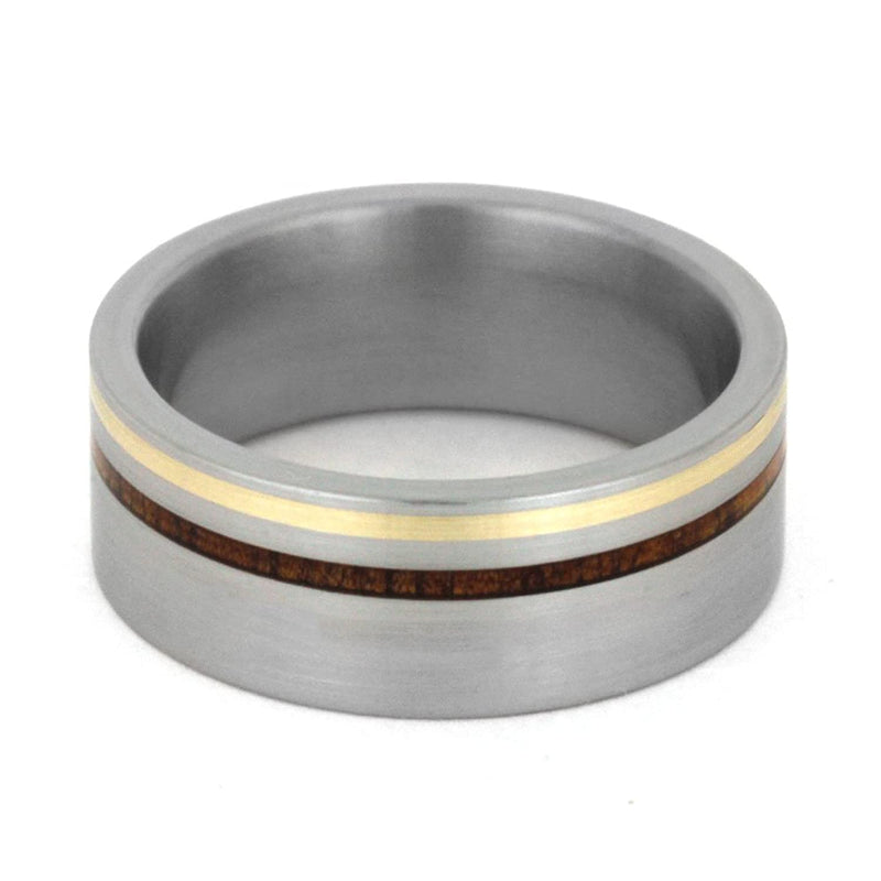 Ancient Kauri Wood, 14k Yellow Gold 8mm Comfort-Fit Brushed Titanium Band