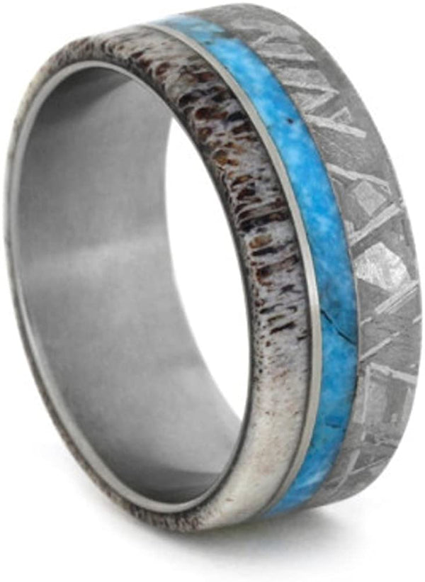 Turquoise, Gibeon Meteorite, Deer Antler 9.5mm Comfort-Fit Matte Titanium Band, Size 10