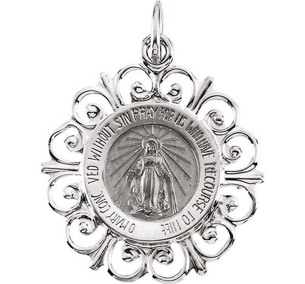 14k White Gold Round Miraculous Medal (20x18 MM)