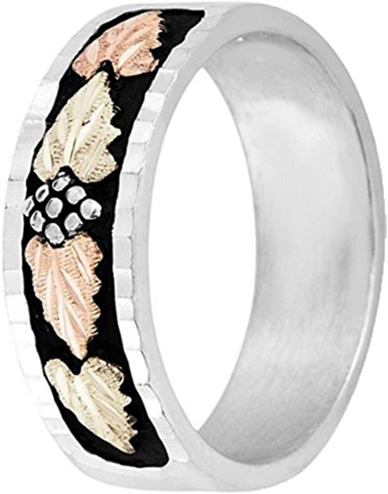 Men's Rhodium-Plated Sterling Silver 12k Rose and Green Gold Black Diamond-Cut Black Hills Gold Wedding Band, Size 13.75