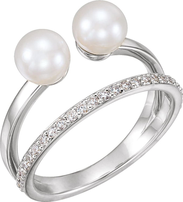 White Freshwater Cultured Pearl and Diamond Two-Stone Ring, Rhodium-Plated 14k White Gold (5.50-6.00 MM) (.2 Ctw, G-H Color, I1 Clarity), Size 7.25