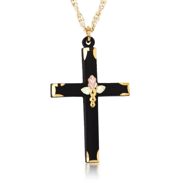 Men's Black Cross Pendant Necklace, 10k Yellow Gold, 12k Green and Rose Gold Black Hills Gold Motif, 18''