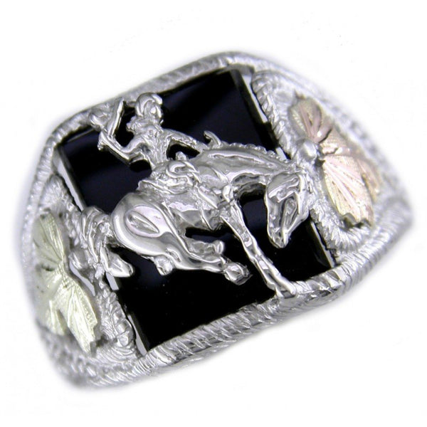 Men's Onyx Bronco Rider Ring, Sterling Silver, 12k Green and Rose Gold Black Hills Gold Motif