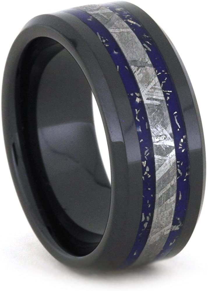 Blue and White Gold Stardust, Gibeon Meteorite 8mm Comfort-Fit Black Ceramic Wedding Band, Size 11