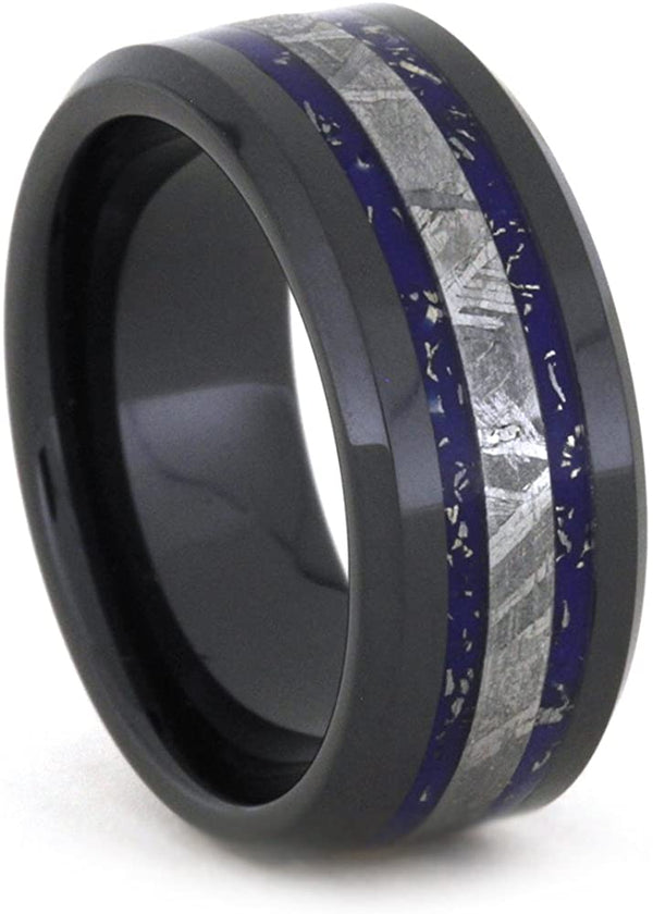 Blue and White Gold Stardust, Gibeon Meteorite 8mm Comfort-Fit Black Ceramic Wedding Band, Size 13.5