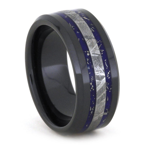 Blue and White Gold Stardust, Gibeon Meteorite 8mm Comfort-Fit Black Ceramic Wedding Band