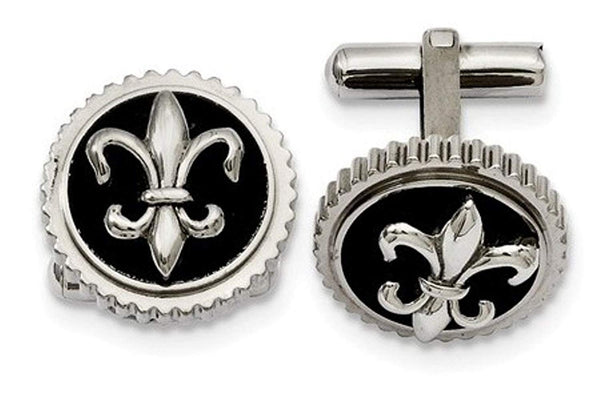 Grey Titanium with Black Enamel Fleur De Lis Round Cuff Links,19MM