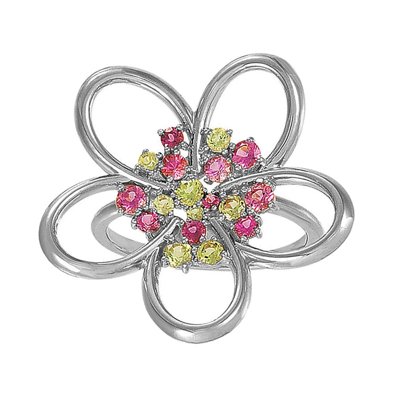 Sterling Silver, Pink Tourmaline and Arizona Peridot Flower Ring, Size 7